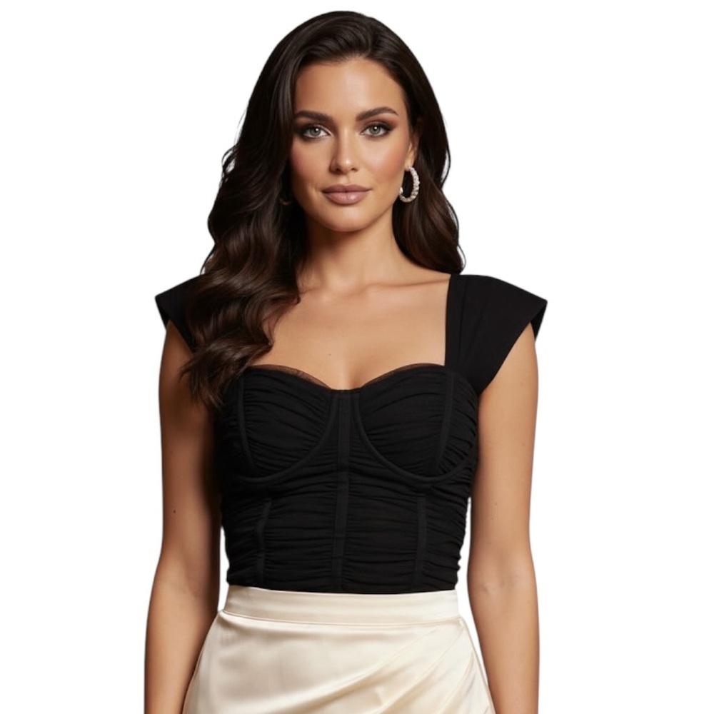 BCBGMAXAzria NEW Shirre Princess Ruched Whimsi Goth Sheer Mesh Bustier Top Zip L